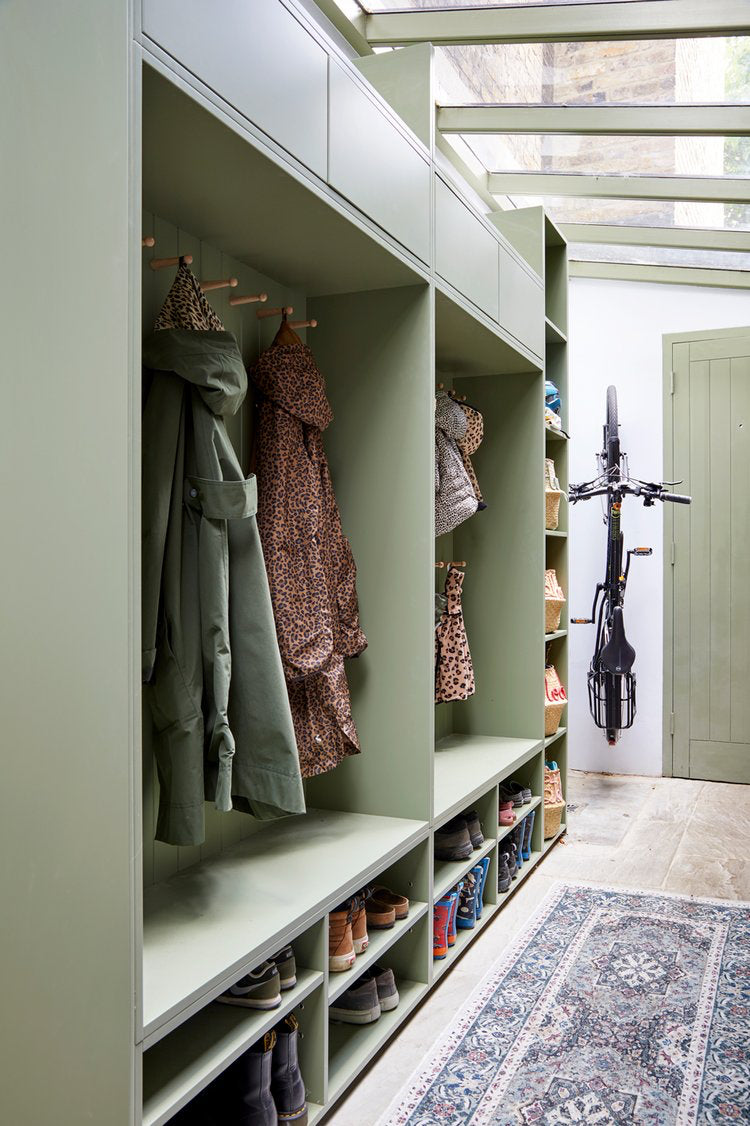 Hallway, shelfie, hallway joinery, boot-room, coat storage, shoe storage ideas, Under-stairs cupboard, hallway cupboard, welcoming hallway, hallway seating, banquette seating, joinery details, fitted joinery, boot room ideas, utility storage, entrance room, boot room storage, utility room ideas, shoe rack ideas,  bespoke hallway furniture, hallway shoe storage, modern hallway decor, the perfect boot room, coats storage ideas, storing bikes, bike storage ideas, simple bike storage ideas,